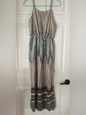 ⭐️Sweet Rain Beige Maxi Dress with Teal & Orange Accents
